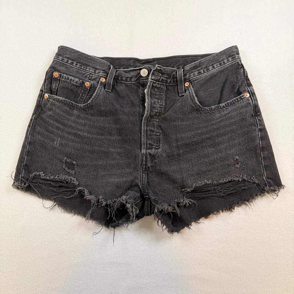 Levis Premium 501 Original Cutoff Denim Shorts Washed Black W33 Distressed